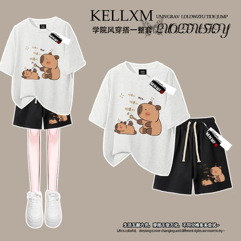 卡通卡皮巴拉印花夏季女童扎染短袖T恤短裤套装中大童百搭两件套