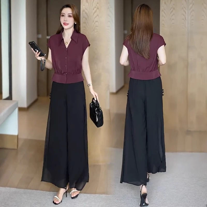 时尚气质套装女2025夏季新款洋气显瘦衬衫上衣阔腿裤雪纺两件套潮
