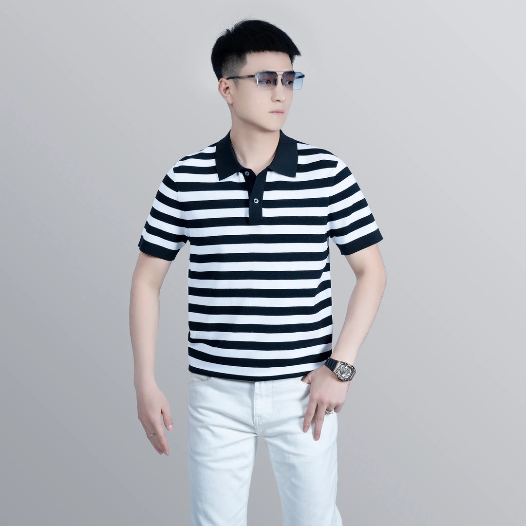 【莫斯吉尔】夏季潮流条纹拼接轻奢POLO衫时尚休闲个性百搭修身短袖