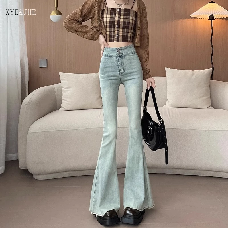 浅色喇叭裤春装2025年新款夏季爆款高腰拖地设计感微喇牛仔裤女潮