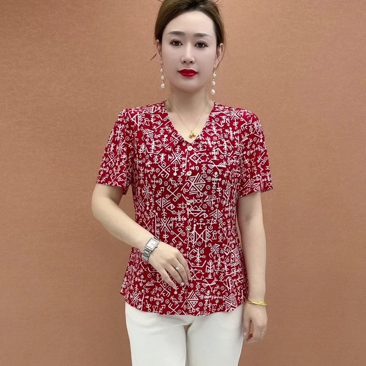 高品质夏季新款大码小衫显瘦气质妈妈装减龄百搭短袖上衣女T恤