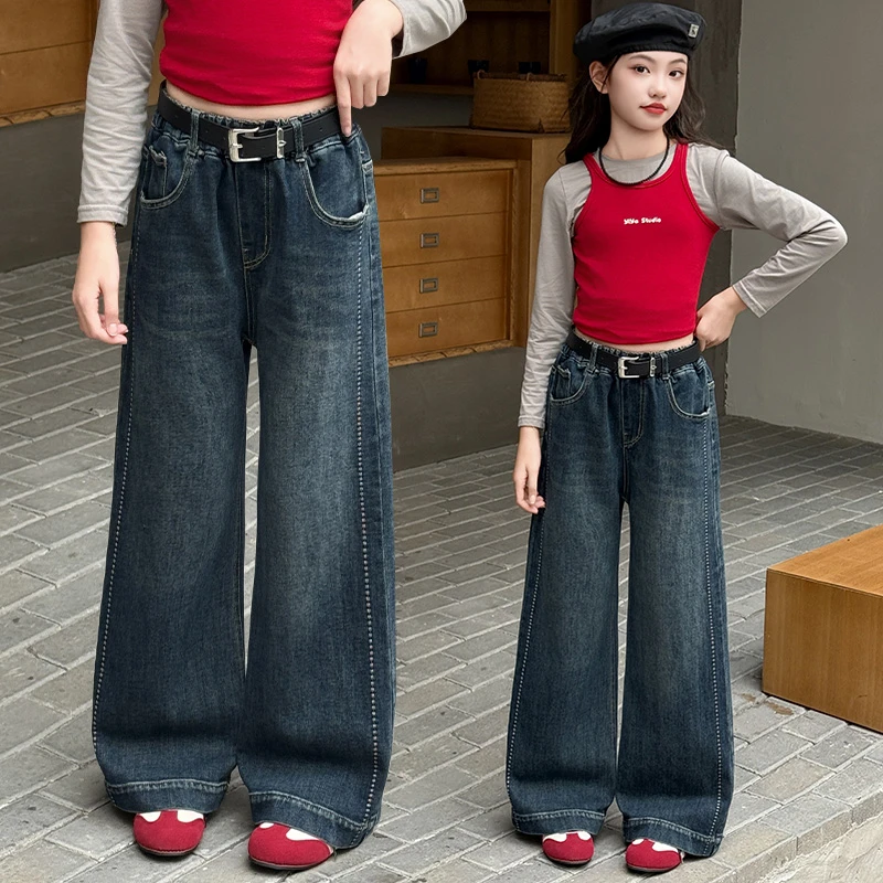 女童裤子春秋2025秋季阔腿裤中大童直筒裤韩版高腰潮流刺绣牛仔裤