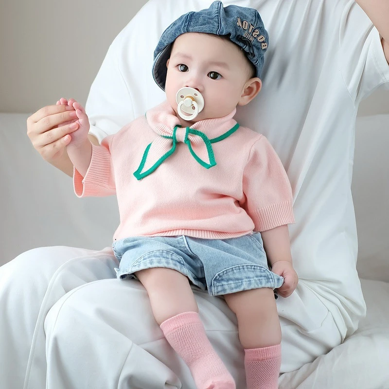 夏装男女童针织薄款短袖套装婴儿洋气结t恤上衣宝宝牛仔短裤