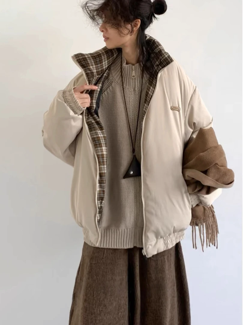 2025冬季新款简约百搭基础拼布立领棉衣男女生学院风宽松休闲外套