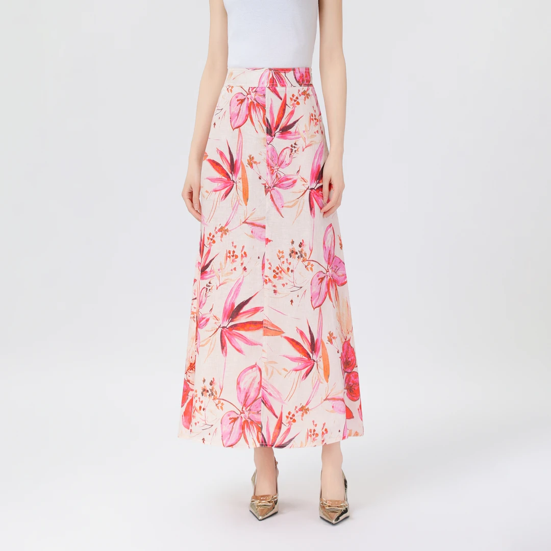 GIRDEAR/哥弟春夏新款气质印花度假风复古A字型亚麻半身裙 120012