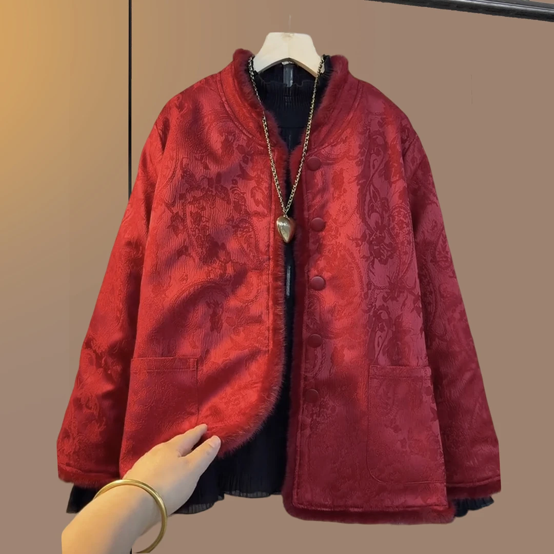 红色国风中式夹棉短外套胖妹妹遮肉显瘦宽松气质提花大码女装棉服