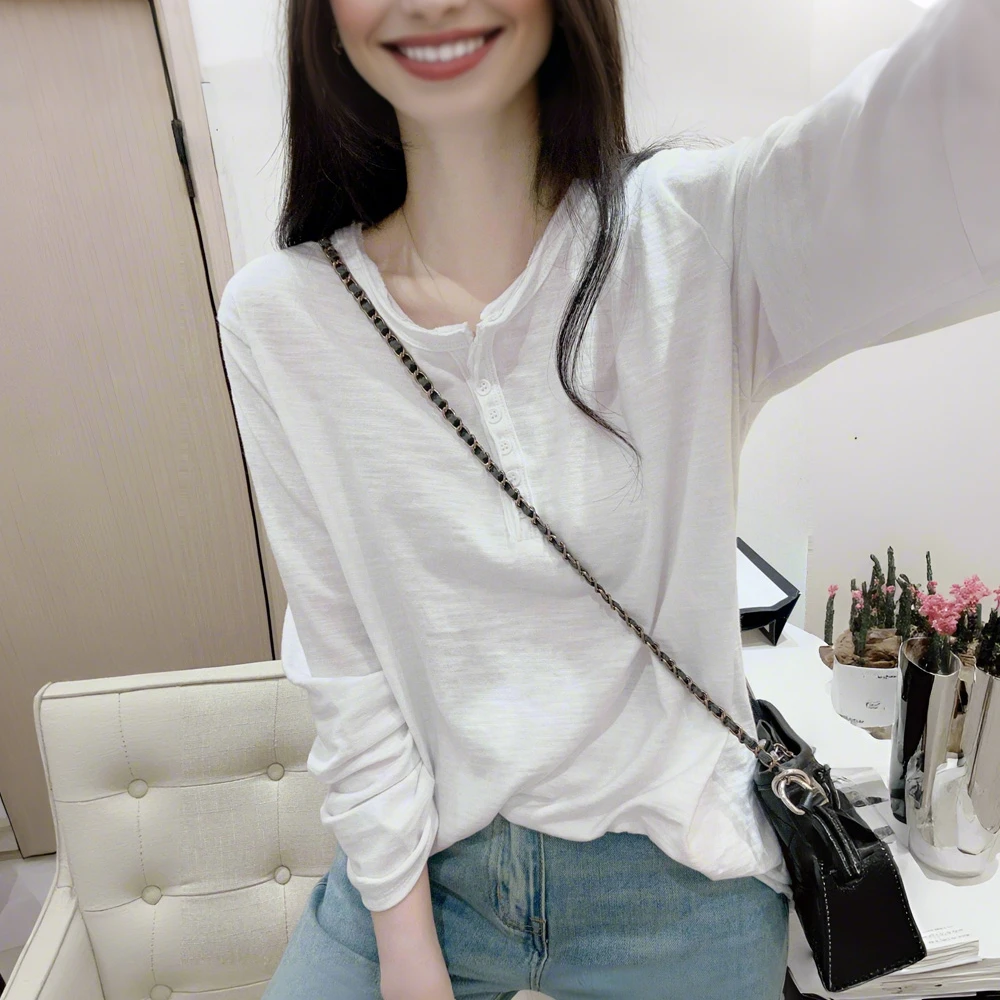 竹节棉宽松圆领简约纯色长袖T恤衫早秋薄款小众设计复古休闲上衣