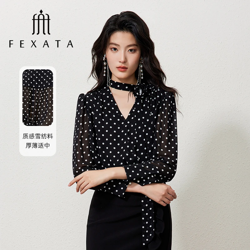 【黄蓉推荐】FEXATA斐格思优雅都市御姐风时髦气质系带波点衬衫