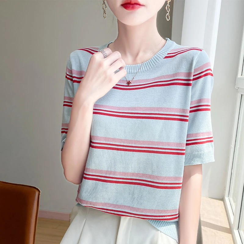 冰丝圆领条纹百搭夏季衬衫袖短款女装短袖宽松