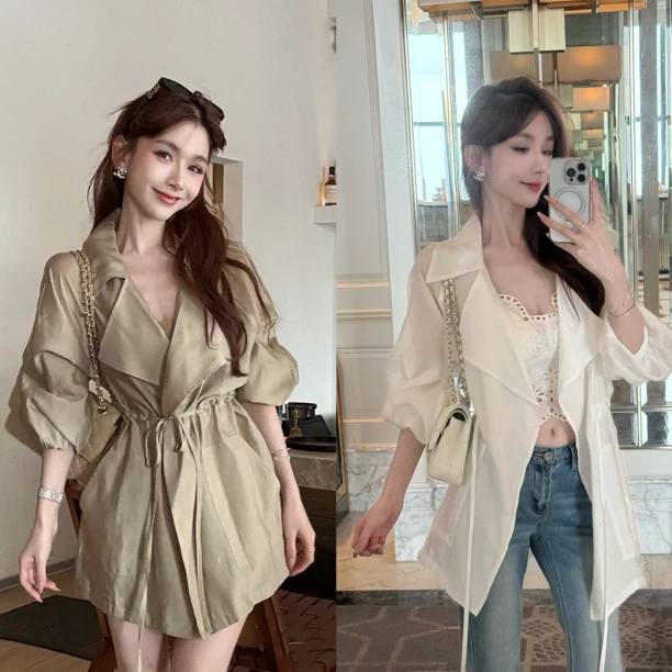 【素褐韵衫】韩版时尚气质翻领收腰系绳长袖防晒风衣外套女薄款