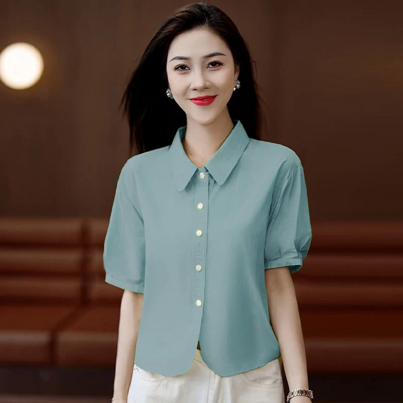 拉夏贝尔设计感小众衬衫女夏季2025新款气质百搭翻领蓝色短袖小衫