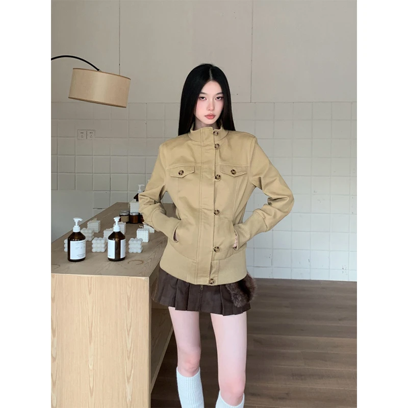 经典复古拉链系扣立领外套女装秋季时尚小众修身显瘦长袖百搭上衣