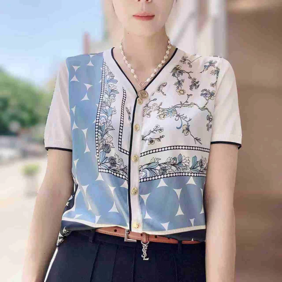 SS 25101【盛夏果实】2025春夏桑蚕丝拼接V领短袖开衫