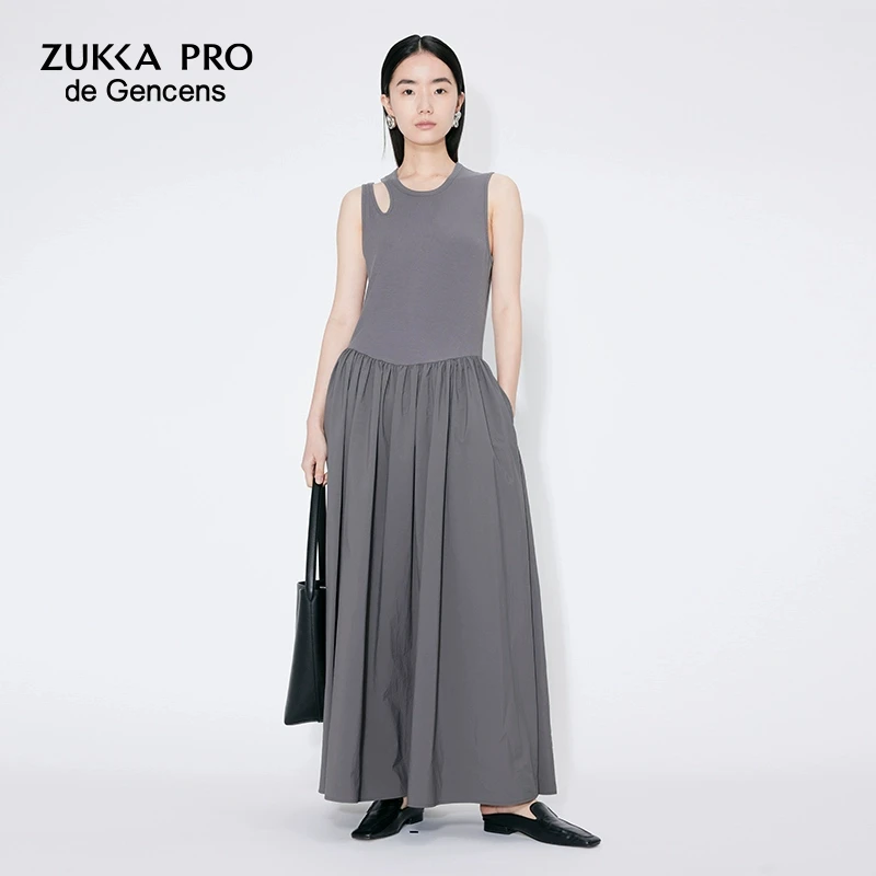 ZUKKA PRO针梭织镂空拼接无袖连衣裙夏季新款设计感约会背心裙子