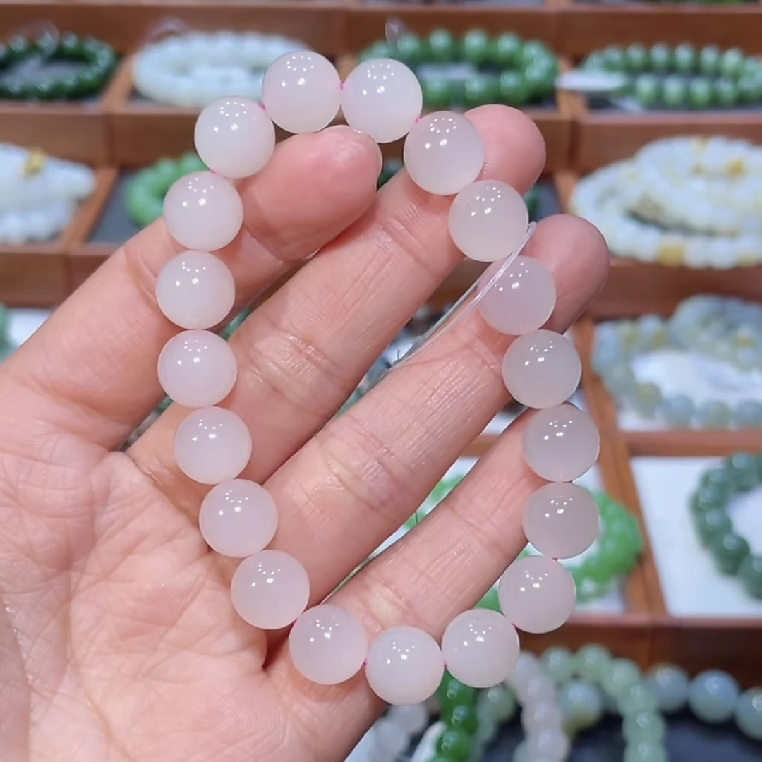 和田玉高冰起荧光藕粉手串10mm