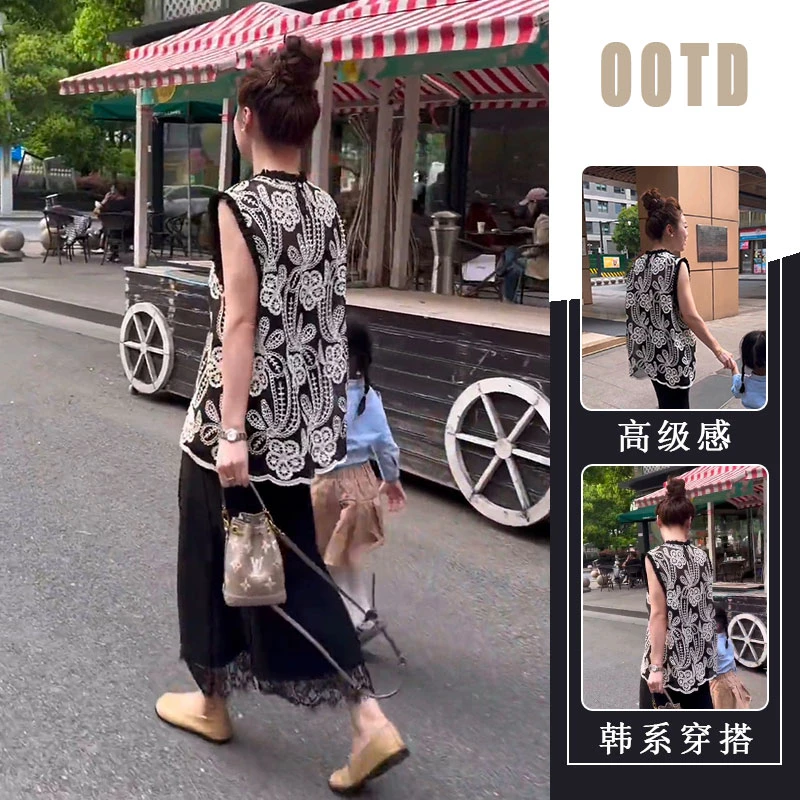 2025夏季新款韩系宽松无袖上衣气质减龄半身裙复古镂空花纹两件套