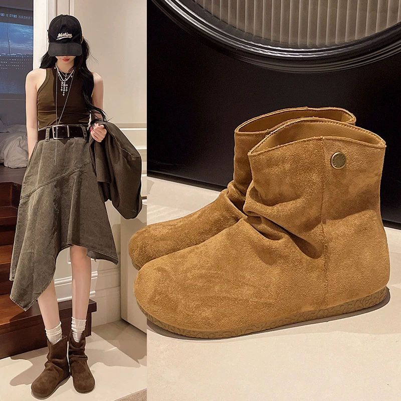 磨砂皮褶皱马丁靴女短靴2025秋季圆头平底堆堆靴女套筒靴勃肯短靴