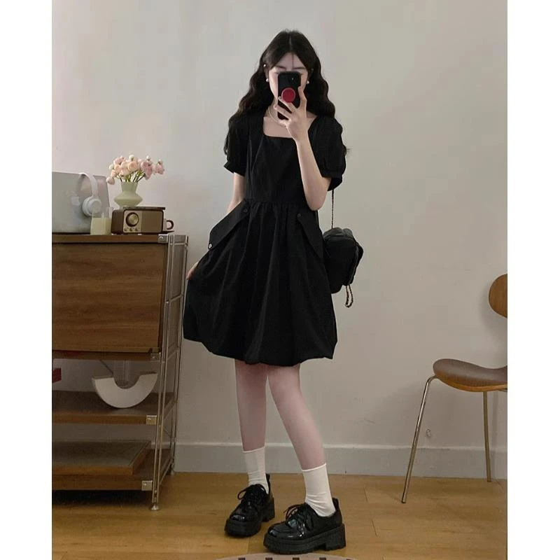 大码女2025夏新款胖mm气质收腰显瘦中长款蓬蓬花苞裙短袖连衣裙子