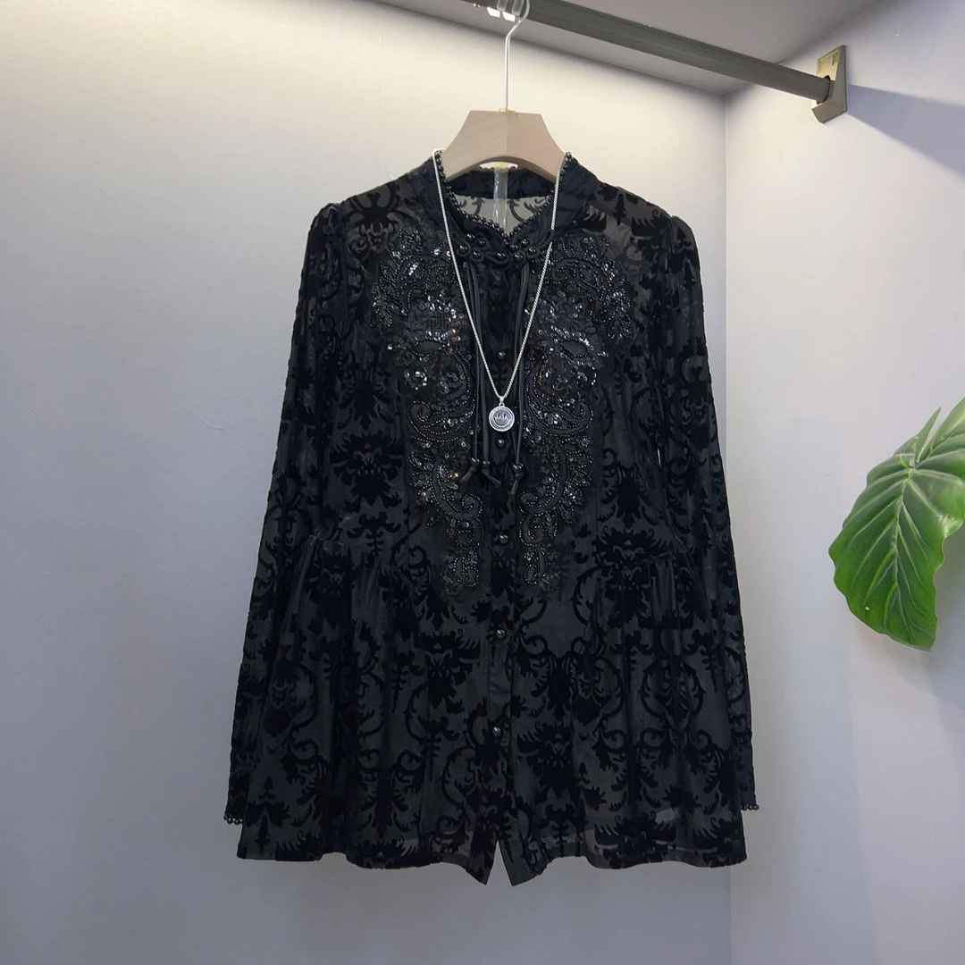 新款立领流苏盘扣亮片长袖蕾丝衫
