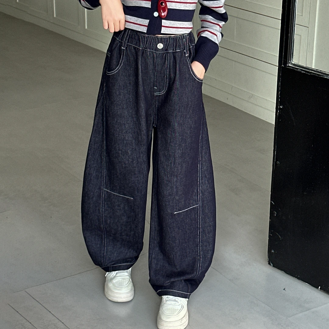 女童丹宁风潮酷牛仔裤儿童冬季加绒裤子6-12岁中大童秋季弯刀裤潮