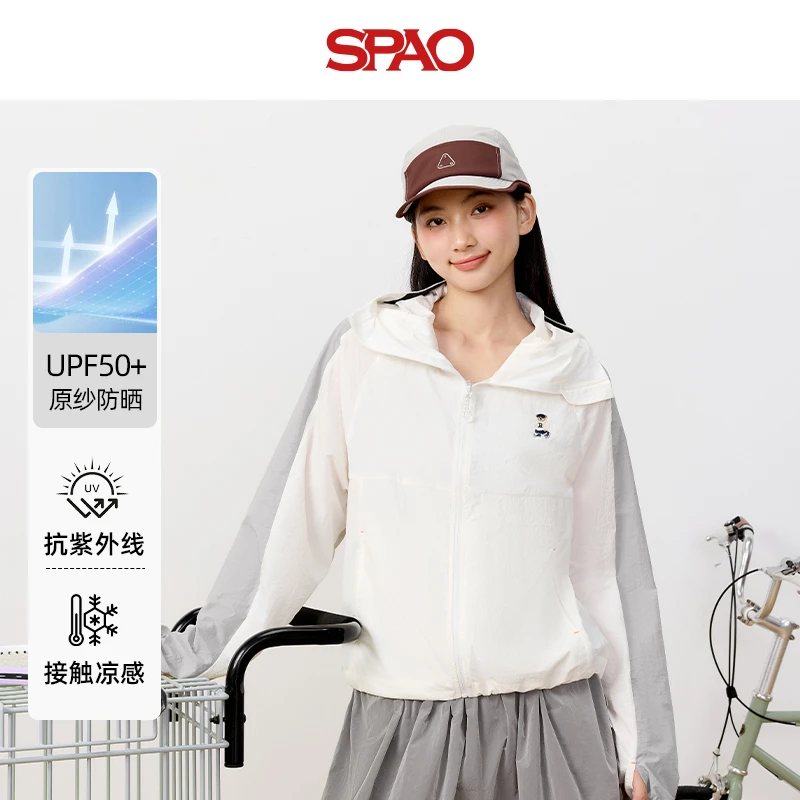 SPAO韩国同款撞色拼接防晒衣女2025夏季新品小熊印花连帽防晒服YC