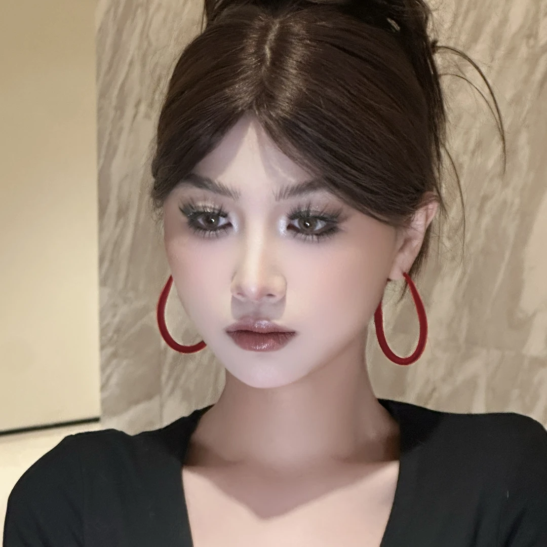 铜合金布艺耳饰 【落日罗兰】复古港风酒红色丝绒耳饰大椭圆新年