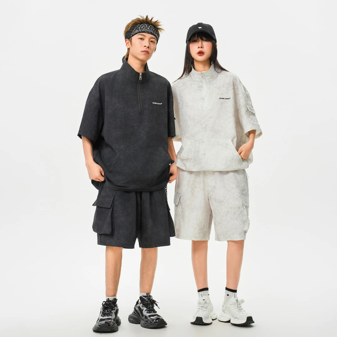 【两件装】夏季薄款透气运动套装扎染短袖工装短裤套装情侣装潮流