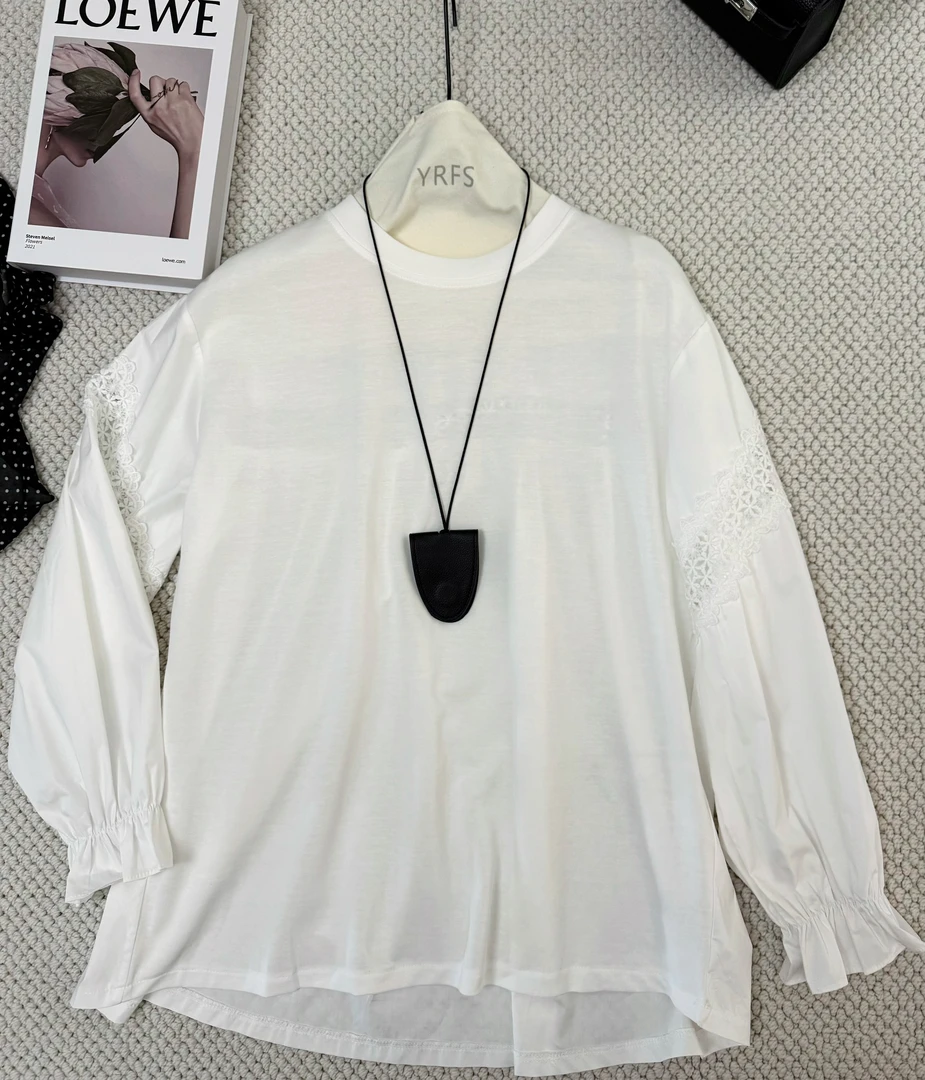 女装春款长袖花边钩花打底衫百搭宽松圆领拼接天丝棉衬衫袖02#