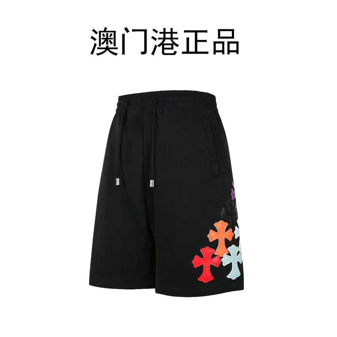 【澳门港正品】2025夏季纯棉梵文刺绣十字架贴皮男女五分短裤D02
