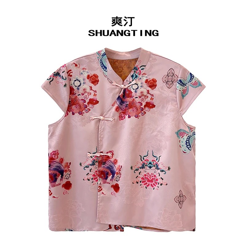 Jokara/丘可儿【檐花颂】新中式斜襟盘扣宽松百搭短袖立领T恤夏款