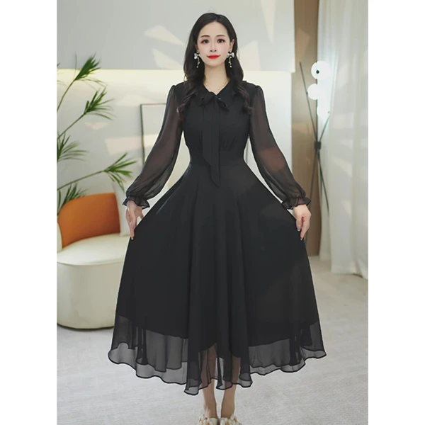 L502秋季新款时尚显瘦高级连衣裙2025收腰气质高级黑色裙子小黑裙