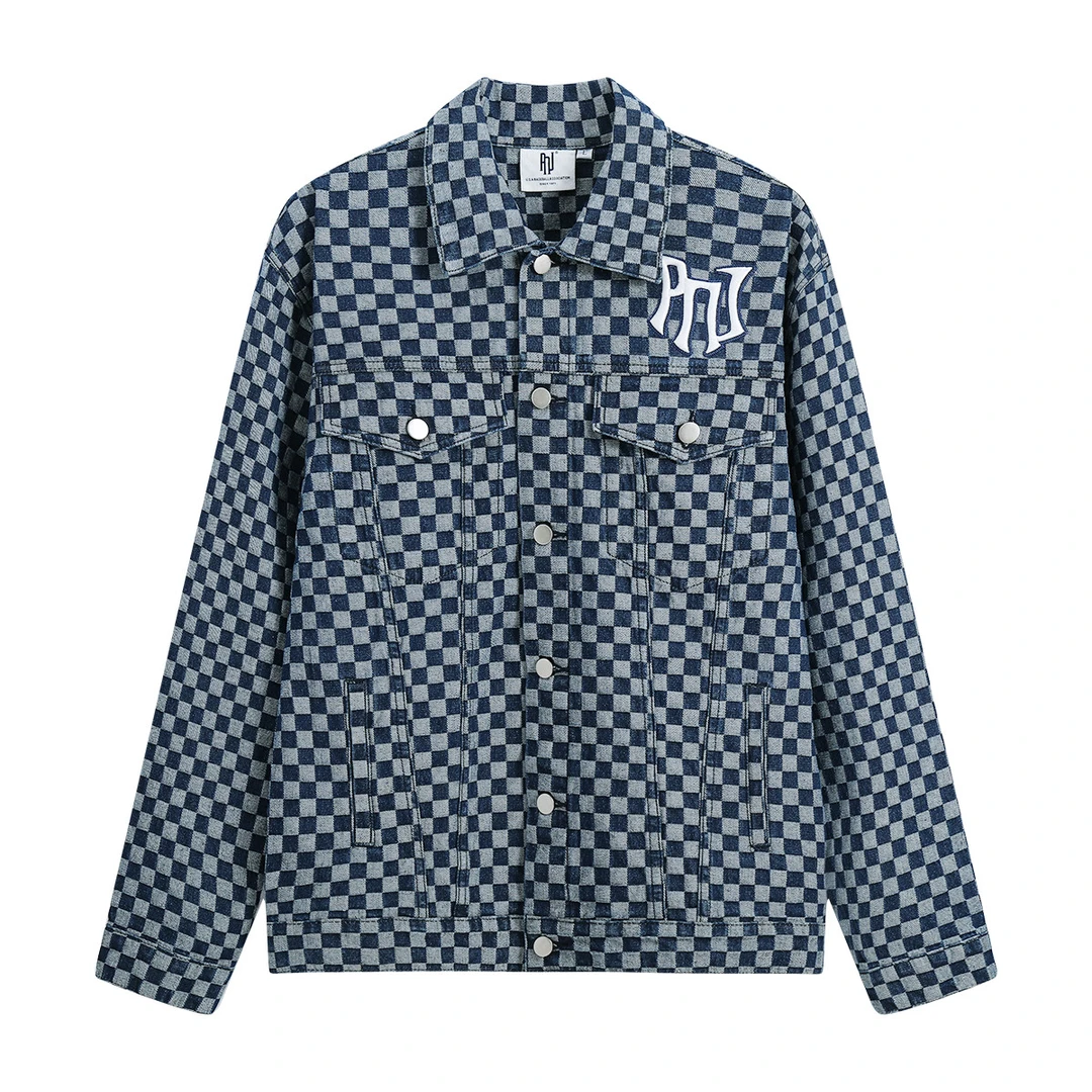 PNJ春季2025新款棋盘格长袖牛仔复古休闲时尚宽松韩系潮牌外套