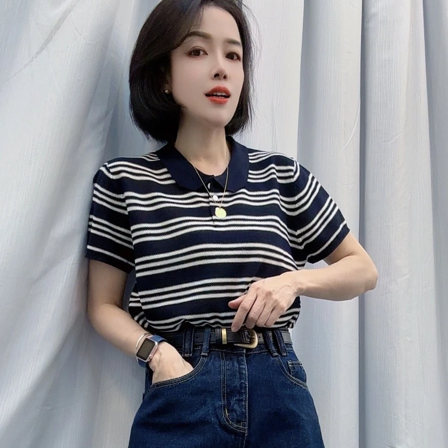 洋气条纹纯色短袖T恤女2025夏薄款休闲时尚显瘦减龄百搭翻领上衣