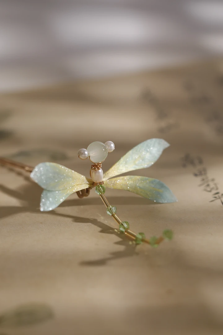 非遗手工绒花蜻蜓发钗汉服头饰发饰高级感