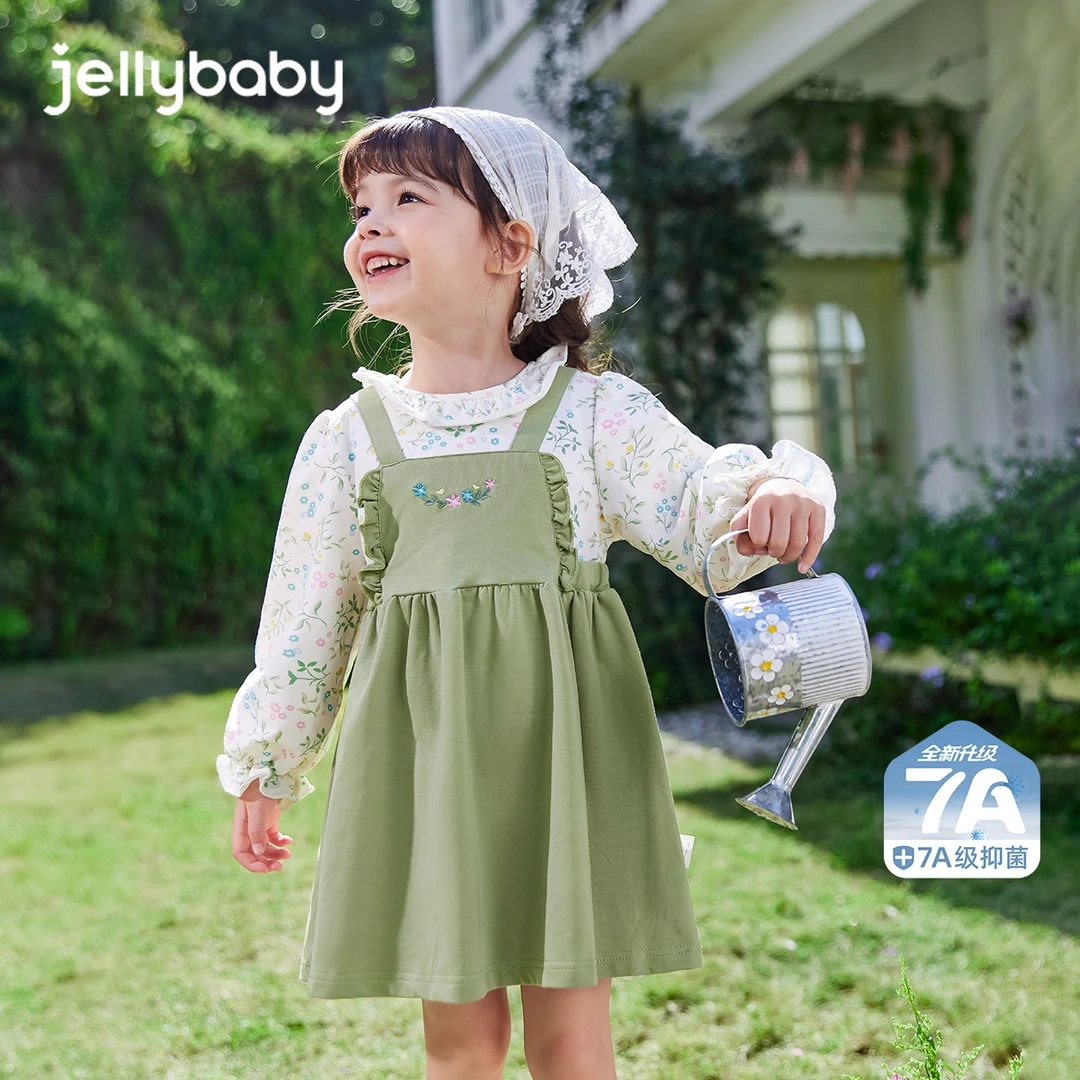 杰里贝比春款女童中童假两件连衣裙宝宝裙子田园风 JQG51456