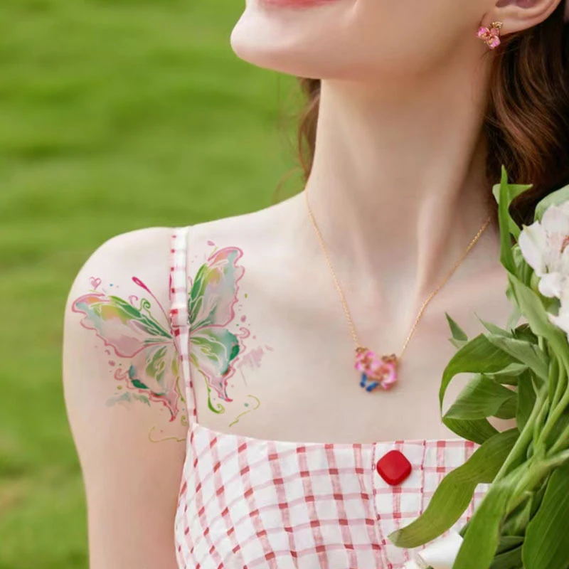 绿仙子纹身贴唯美蝴蝶手臂锁骨贴纸女防水持久高级感仿真刺青