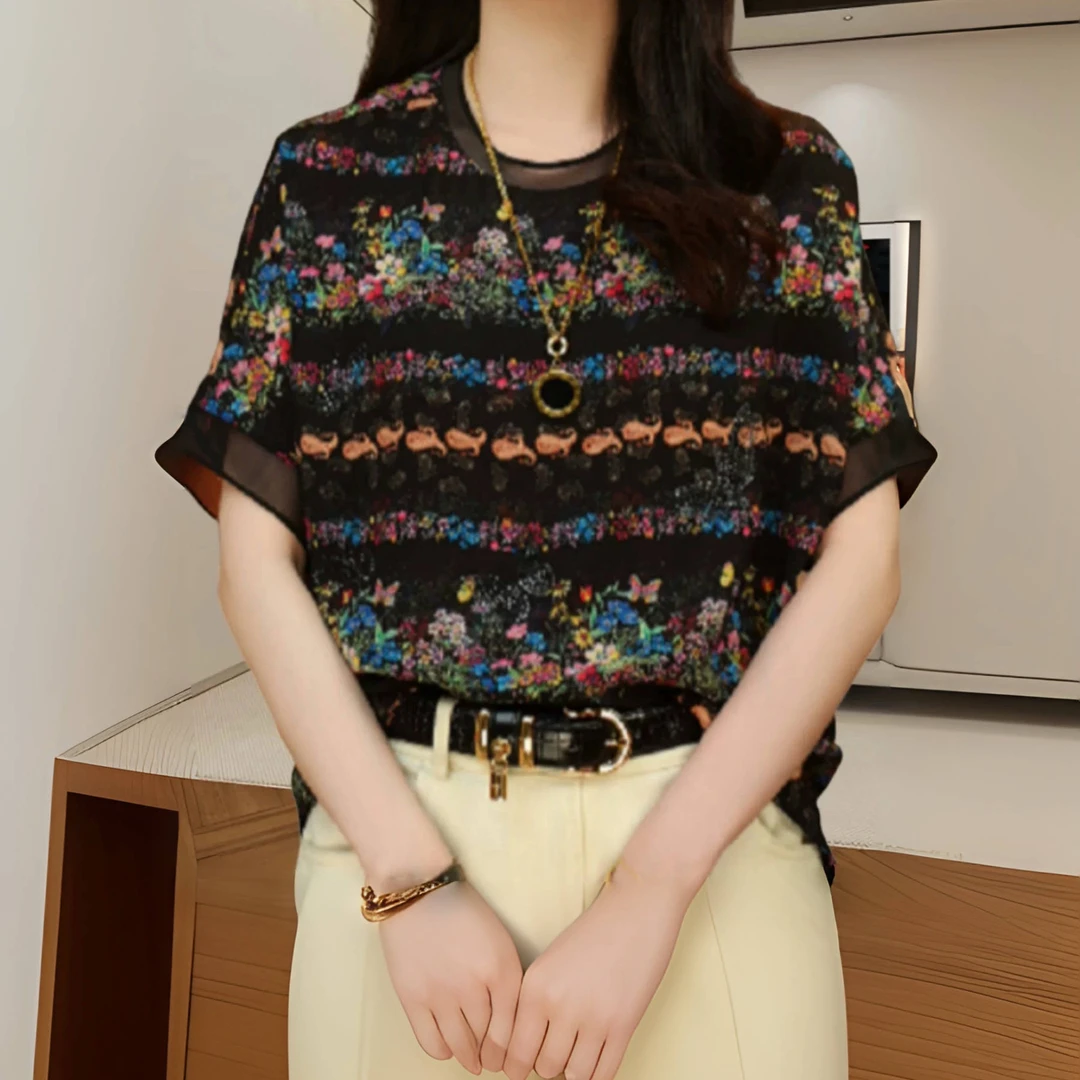 宫廷花短袖t恤女夏季新款小个子气质高端上衣洋气宽松显瘦针织