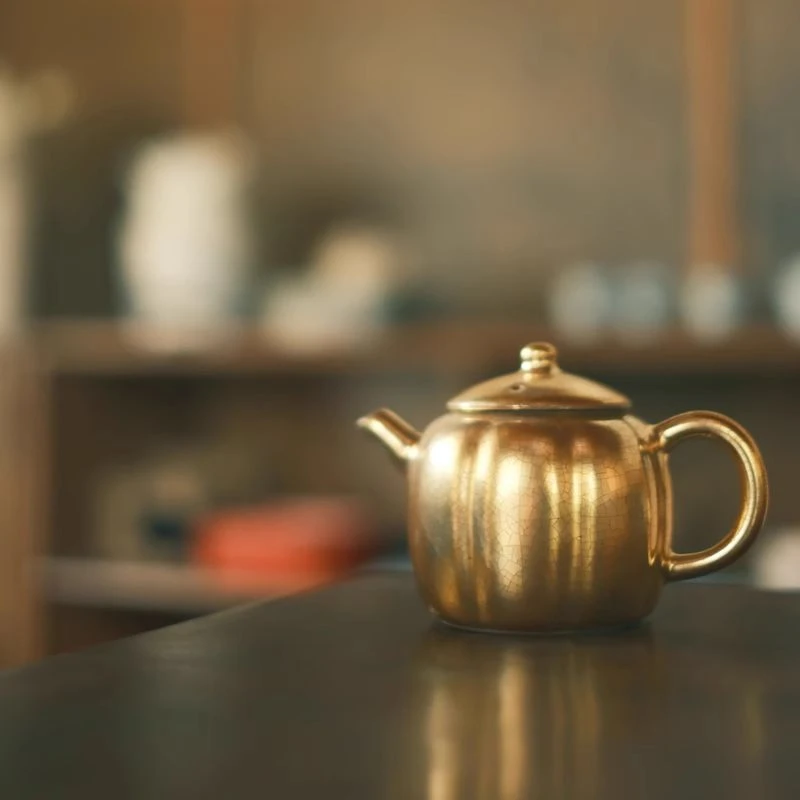 梵山堂苏打釉鎏金瓜棱小品壶景德镇手工陶瓷功夫茶具小提梁泡茶壶