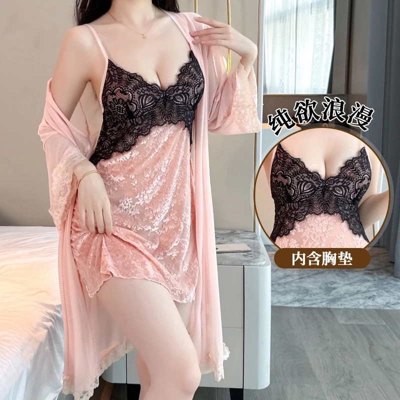 新款吊带睡衣女性感深V丝绒睡裙套装带胸垫家居睡裙