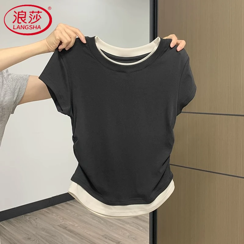 浪莎圆领拼接撞色短袖T恤女2025夏季新款假两件褶皱收腰短款修身