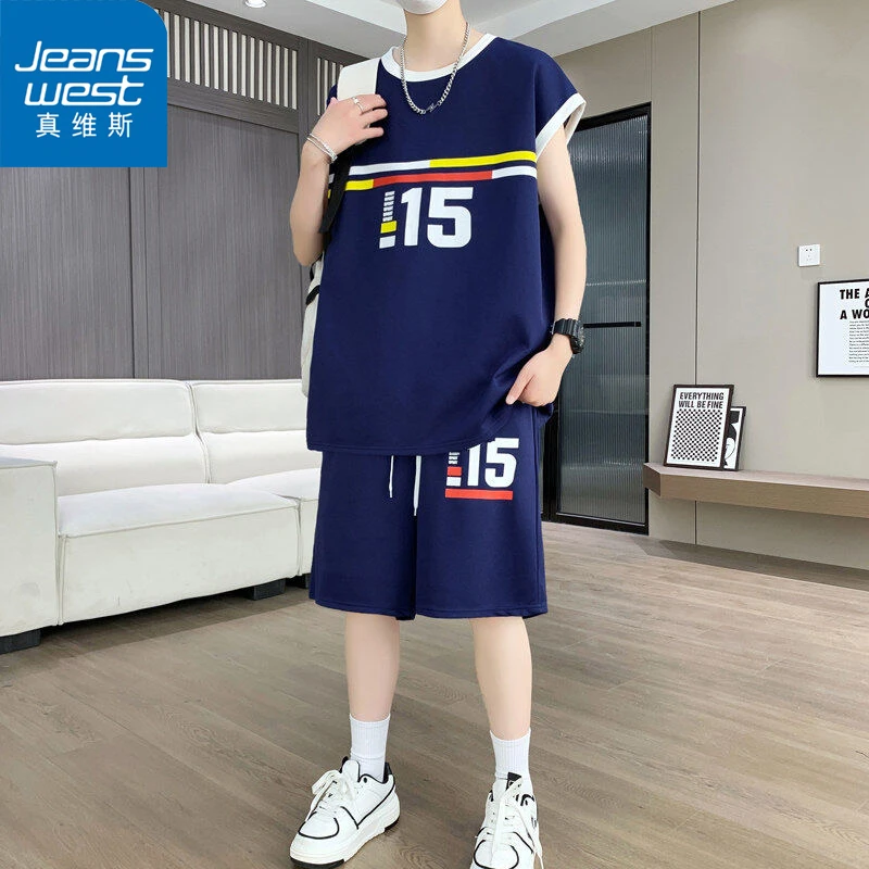 Jeanswest/真维斯夏休闲运动套装男新款无袖青少年宽松短袖T恤短