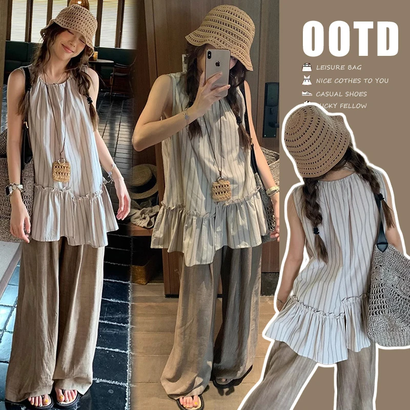 孕妇装夏季2025新款简约气质不规则条纹上衣宽松百搭阔腿裤子套装