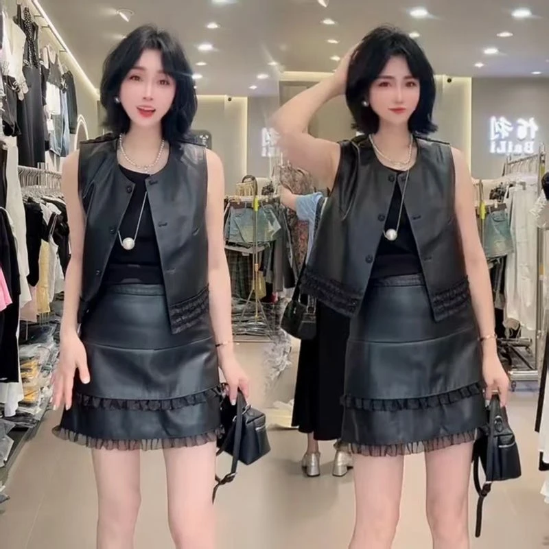 15高级感时尚气质两件套2025秋季新款轻奢蕾丝拼接百搭马甲半身裙