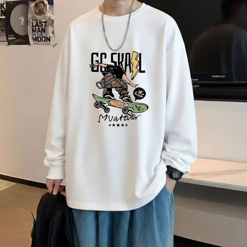 潮牌美式纯棉长袖t恤男春秋薄款外搭宽松大码港风打底衫上衣学生