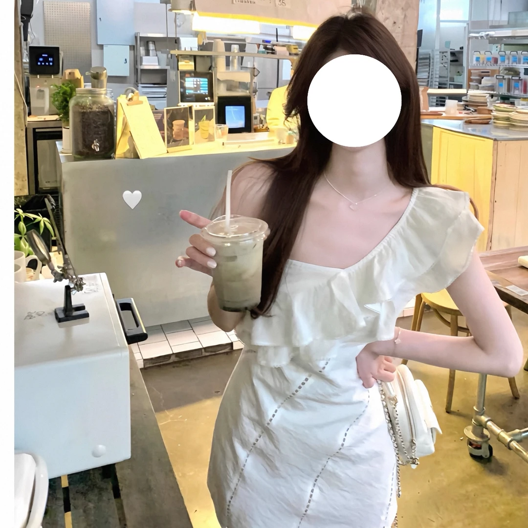 【美女氛围感】斜肩荷叶边连衣裙女夏海边度假风修身显瘦裙子