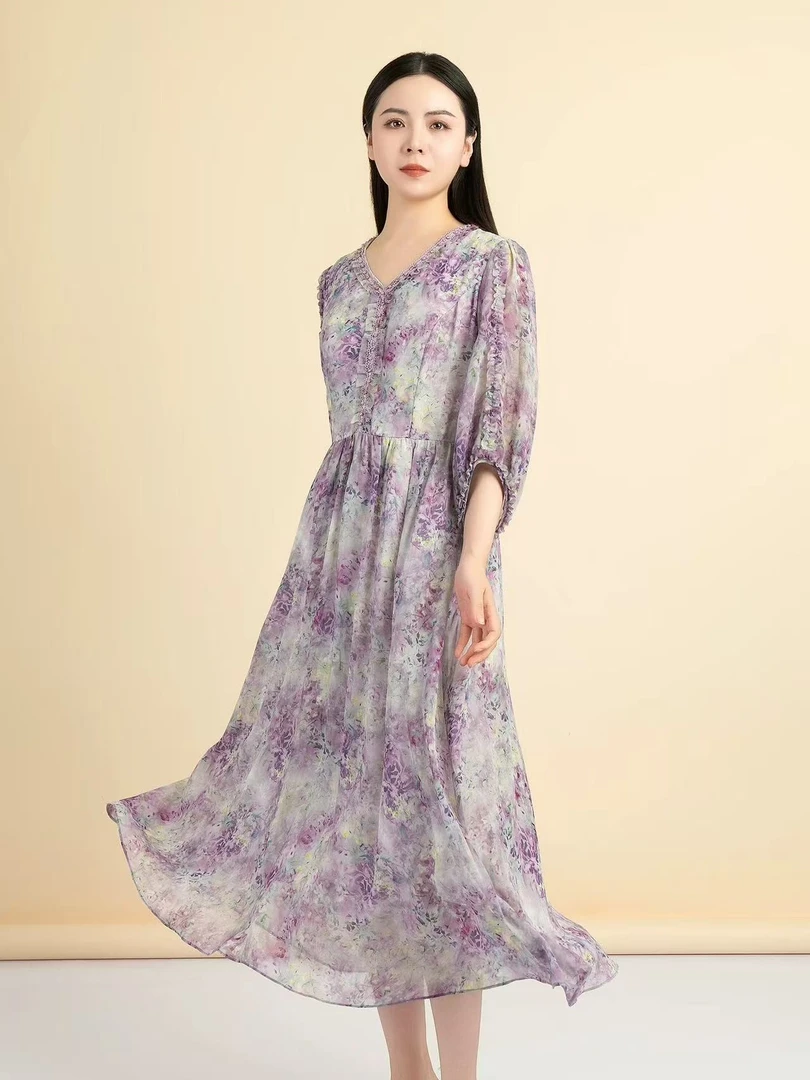 【Y3674】秋季新款度假风V领花边大裙摆雪纺碎花连衣裙