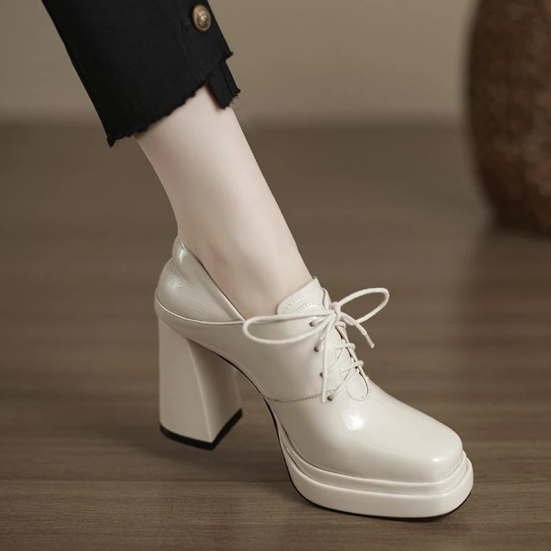 2025春季新款米白色方头深口单鞋系带粗跟防水台高跟鞋不累脚皮鞋