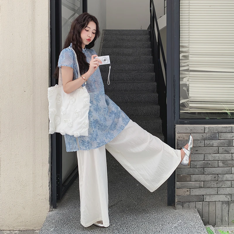 新中式国风绣花上衣阔腿裤套装女夏新款时尚纯欲慵懒风女装苎麻