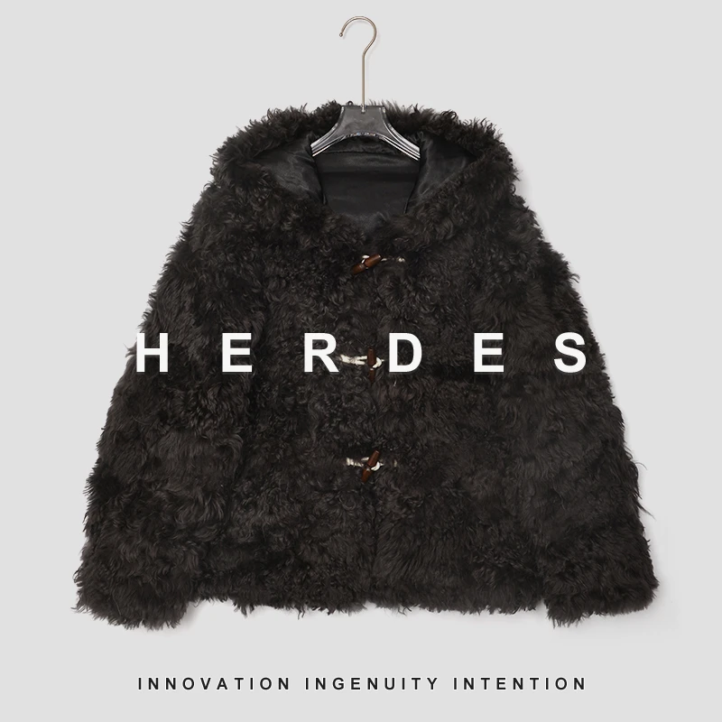 HERDERS 土灰棕色潮流时尚帽款牛角扣皮草外套248230