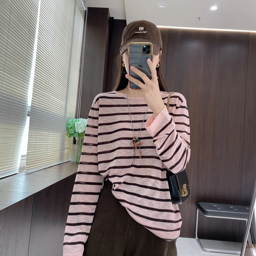 IMFLY金小金自制女装 T恤DYW9592早秋圆领撞色条纹长袖上衣女